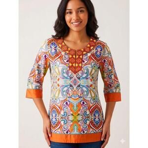 Robert Graham Blouse Top Women's Orange Paisley Tunic Bead Embroidery Chic Sz M
